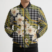 Ele'ele Hawai'i Palaka Plumeria Bomber Puffer Jacket Puakenikeni and Maile Lei