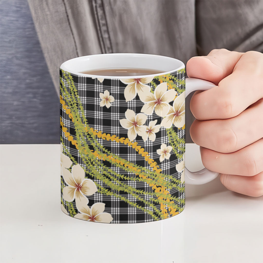 Ele'ele Hawai'i Palaka Plumeria Ceramic Mug Puakenikeni and Maile Lei