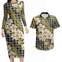 Ele'ele Hawai'i Palaka Plumeria Couples Matching Long Sleeve Bodycon Dress and Hawaiian Shirt Puakenikeni and Maile Lei