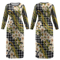 Ele'ele Hawai'i Palaka Plumeria Couples Matching Long Sleeve Bodycon Dress and Hawaiian Shirt Puakenikeni and Maile Lei