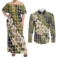 Ele'ele Hawai'i Palaka Plumeria Couples Matching Off Shoulder Maxi Dress and Long Sleeve Button Shirt Puakenikeni and Maile Lei