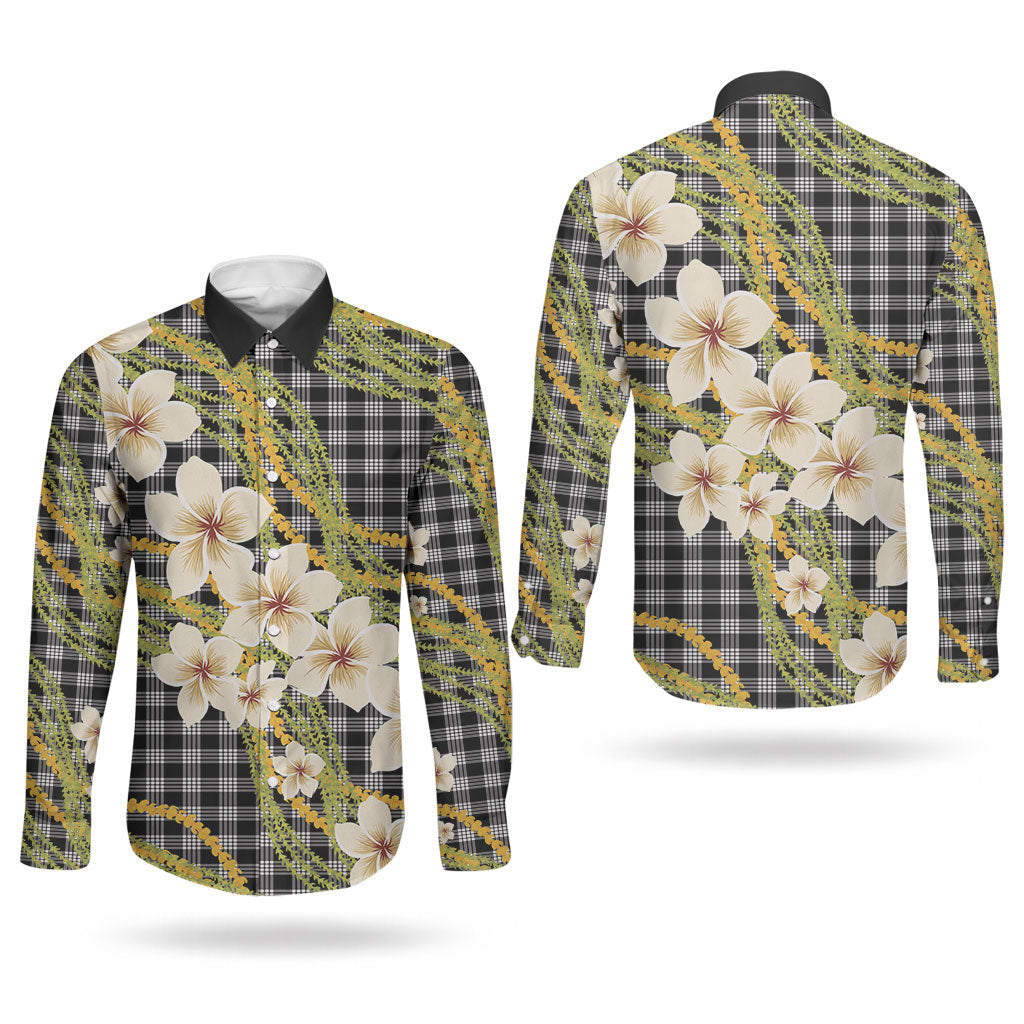 Ele'ele Hawai'i Palaka Plumeria Couples Matching Off Shoulder Maxi Dress and Long Sleeve Button Shirt Puakenikeni and Maile Lei