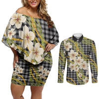 Ele'ele Hawai'i Palaka Plumeria Couples Matching Off Shoulder Short Dress and Long Sleeve Button Shirt Puakenikeni and Maile Lei