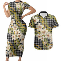 Ele'ele Hawai'i Palaka Plumeria Couples Matching Short Sleeve Bodycon Dress and Hawaiian Shirt Puakenikeni and Maile Lei