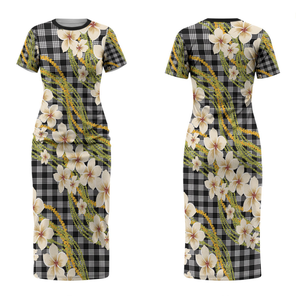 Ele'ele Hawai'i Palaka Plumeria Couples Matching Short Sleeve Bodycon Dress and Hawaiian Shirt Puakenikeni and Maile Lei