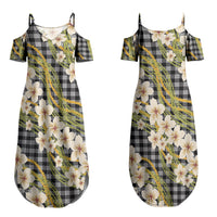Ele'ele Hawai'i Palaka Plumeria Couples Matching Summer Maxi Dress and Long Sleeve Button Shirt Puakenikeni and Maile Lei