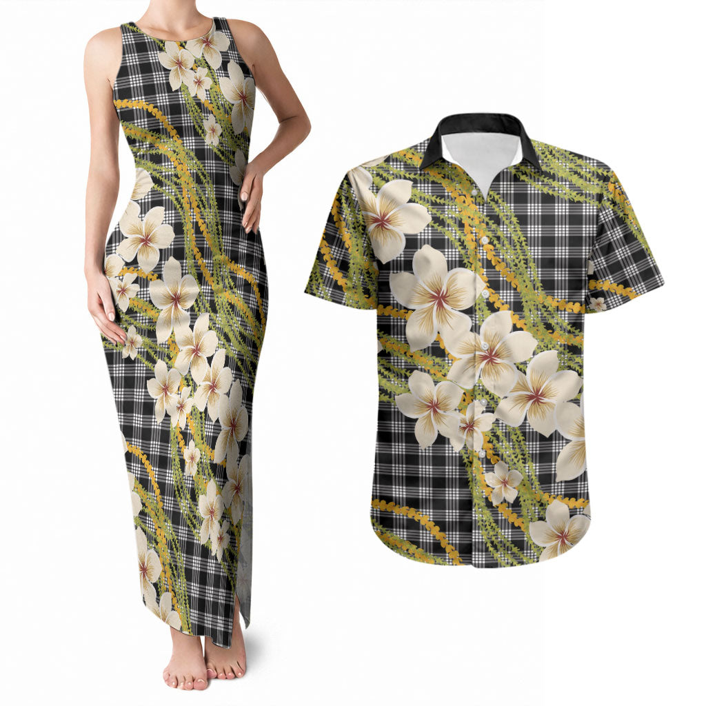 Ele'ele Hawai'i Palaka Plumeria Couples Matching Tank Maxi Dress and Hawaiian Shirt Puakenikeni and Maile Lei