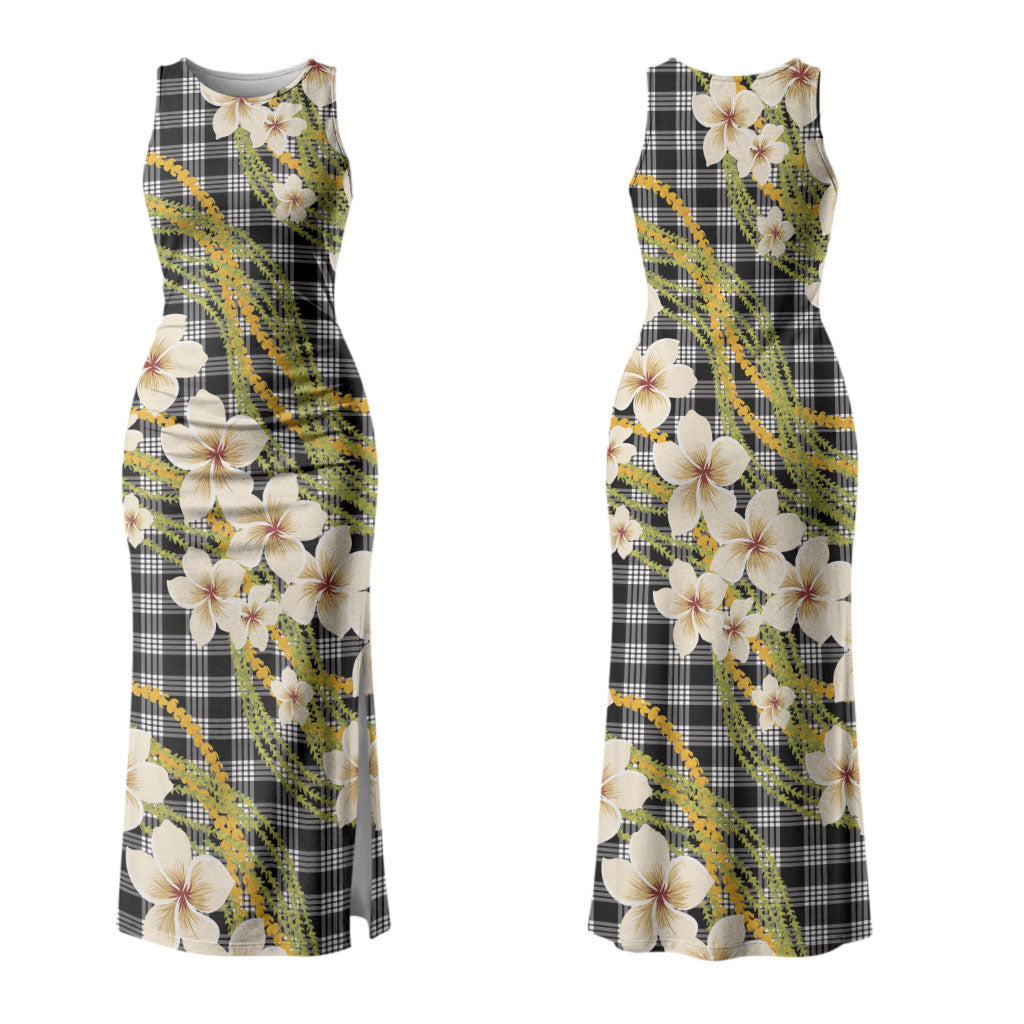 Ele'ele Hawai'i Palaka Plumeria Couples Matching Tank Maxi Dress and Hawaiian Shirt Puakenikeni and Maile Lei