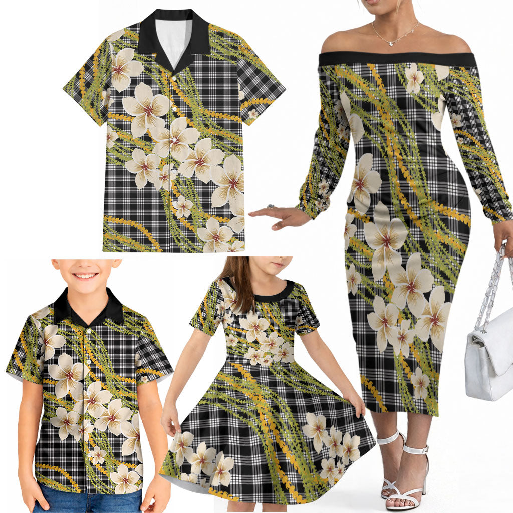 Ele'ele Hawai'i Palaka Plumeria Family Matching Off The Shoulder Long Sleeve Dress and Hawaiian Shirt Puakenikeni and Maile Lei LT9 - Polynesian Pride