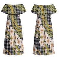 Ele'ele Hawai'i Palaka Plumeria Family Matching Off Shoulder Maxi Dress and Hawaiian Shirt Puakenikeni and Maile Lei