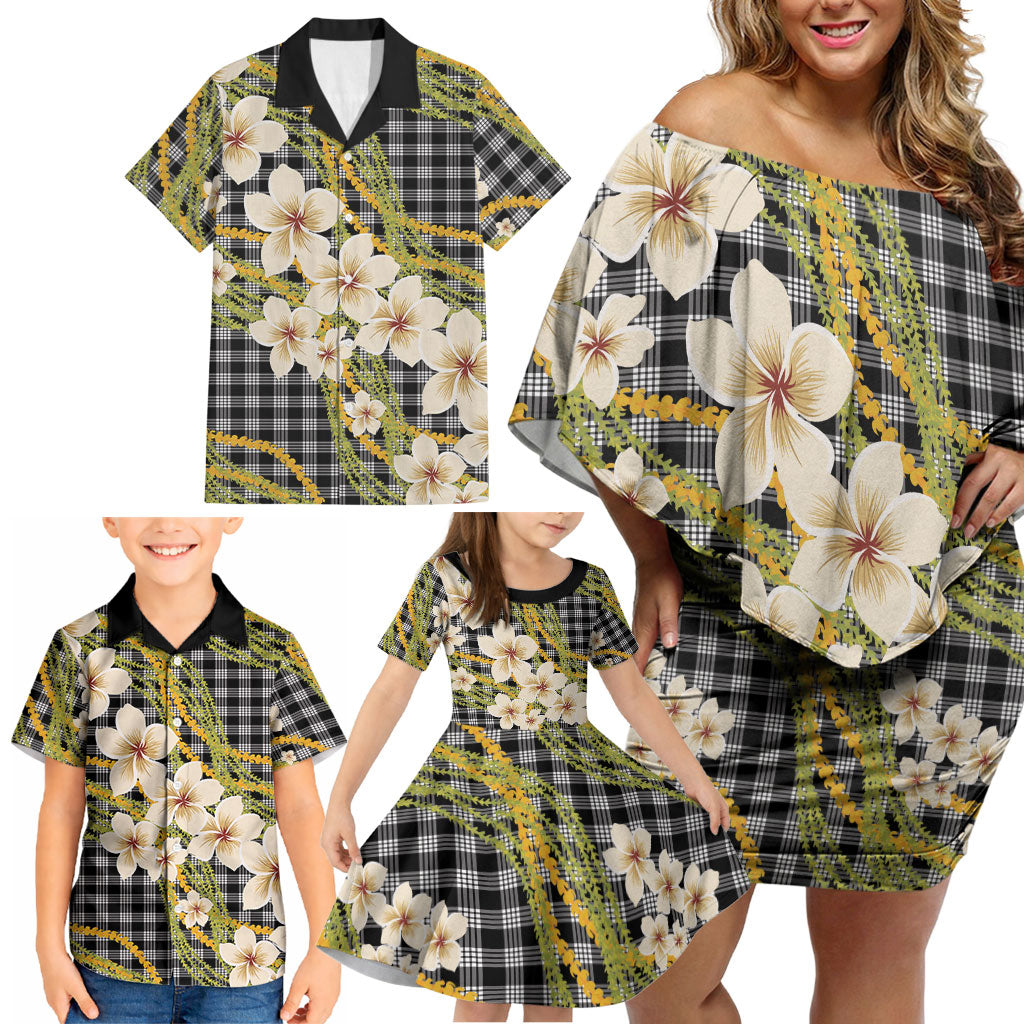 Ele'ele Hawai'i Palaka Plumeria Family Matching Off Shoulder Short Dress and Hawaiian Shirt Puakenikeni and Maile Lei LT9 - Polynesian Pride