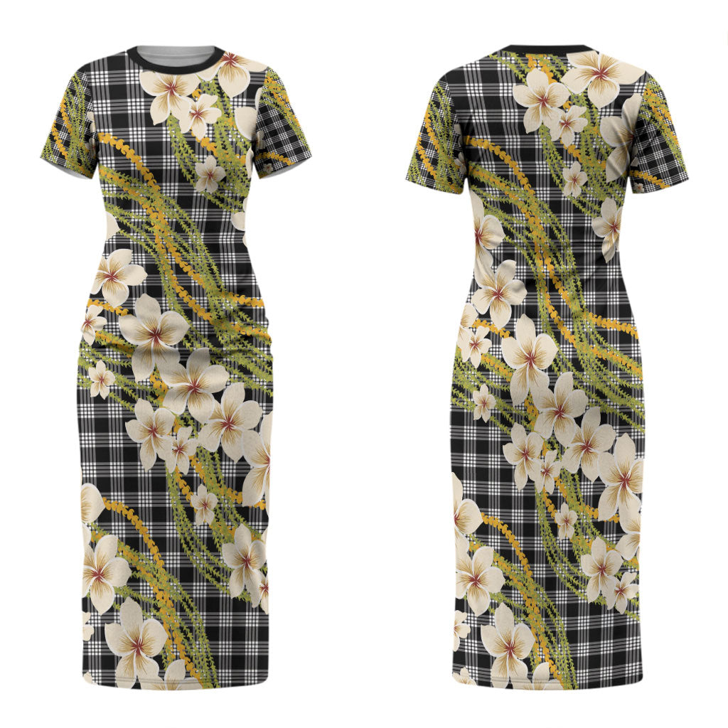 Ele'ele Hawai'i Palaka Plumeria Family Matching Short Sleeve Bodycon Dress and Hawaiian Shirt Puakenikeni and Maile Lei