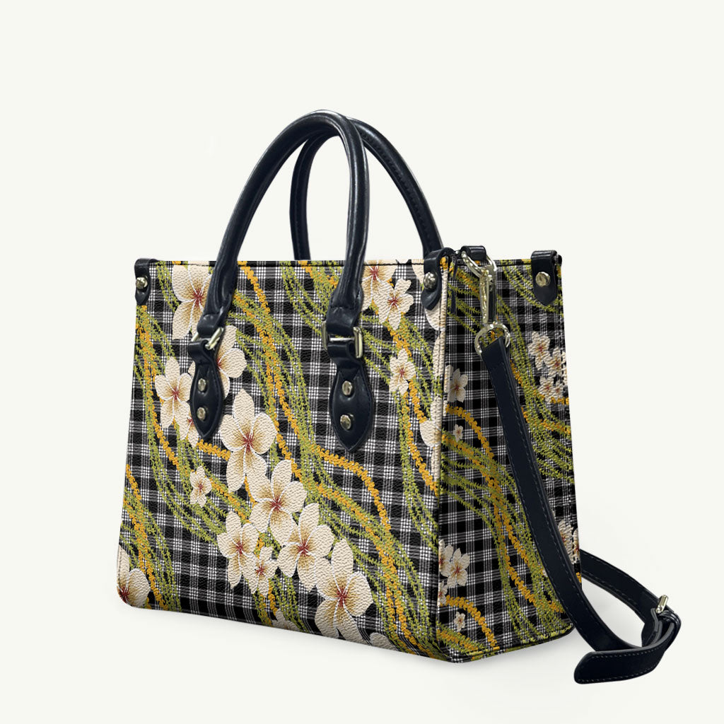 Ele'ele Hawai'i Palaka Plumeria Leather Bag Puakenikeni and Maile Lei LT9 Black - Polynesian Pride