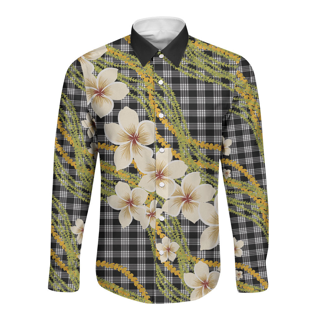Ele'ele Hawai'i Palaka Plumeria Long Sleeve Button Shirt Puakenikeni and Maile Lei