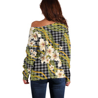 Ele'ele Hawai'i Palaka Plumeria Off Shoulder Sweater Puakenikeni and Maile Lei