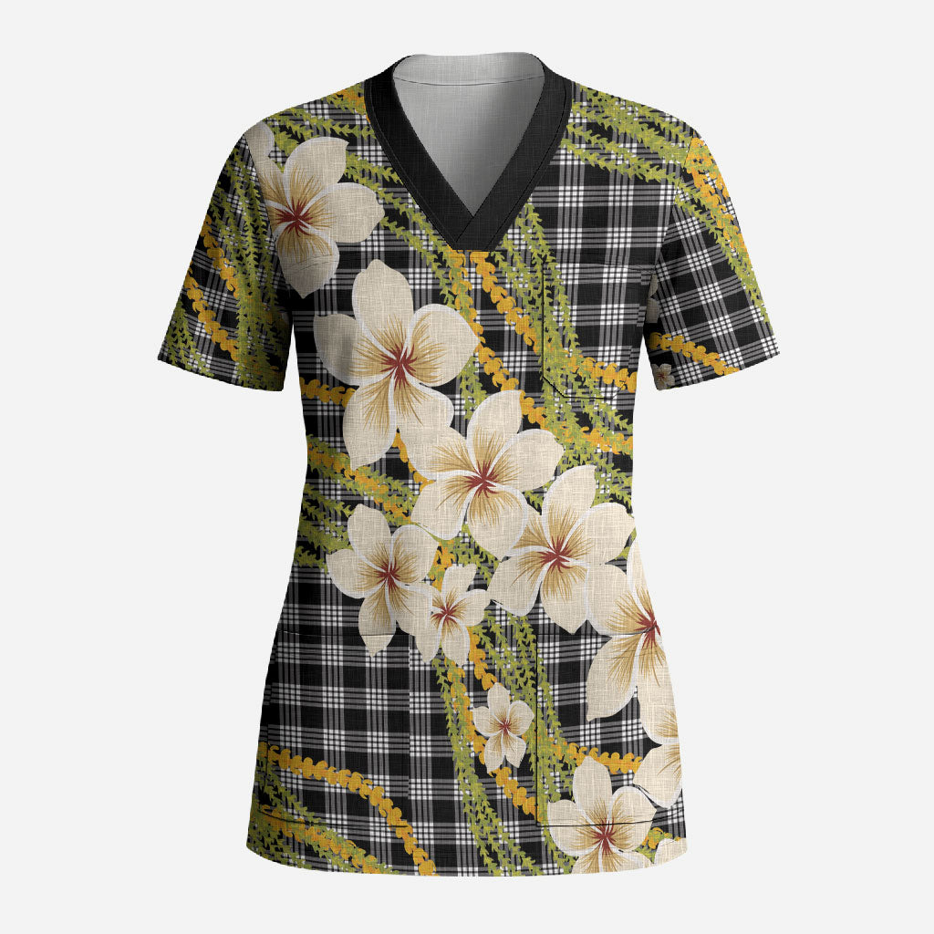 Ele'ele Hawai'i Palaka Plumeria Scrub Top Puakenikeni and Maile Lei