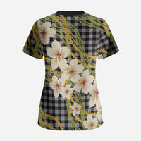 Ele'ele Hawai'i Palaka Plumeria Scrub Top Puakenikeni and Maile Lei