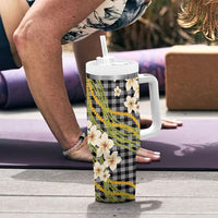 Ele'ele Hawai'i Palaka Plumeria Tumbler With Handle Puakenikeni and Maile Lei