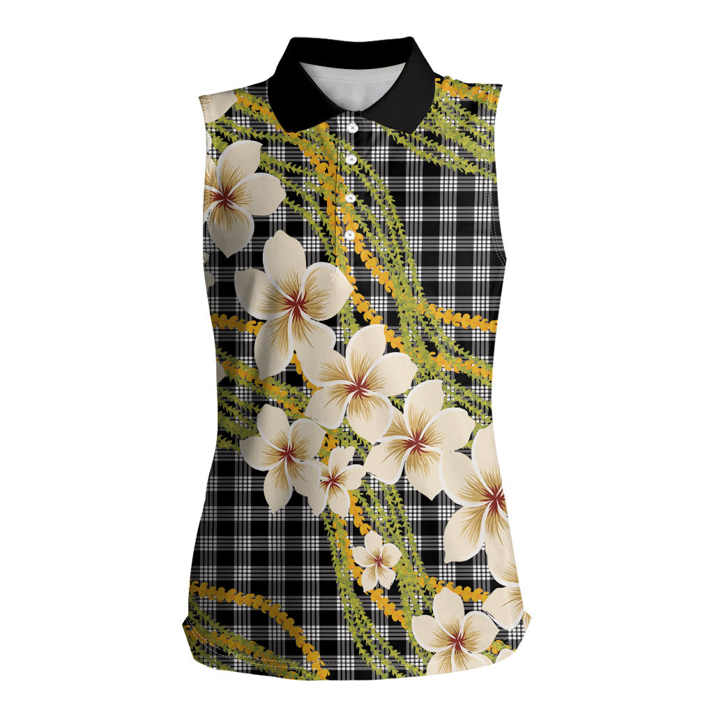 Ele'ele Hawai'i Palaka Plumeria Women Sleeveless Polo Shirt Puakenikeni and Maile Lei LT9 Female Black - Polynesian Pride