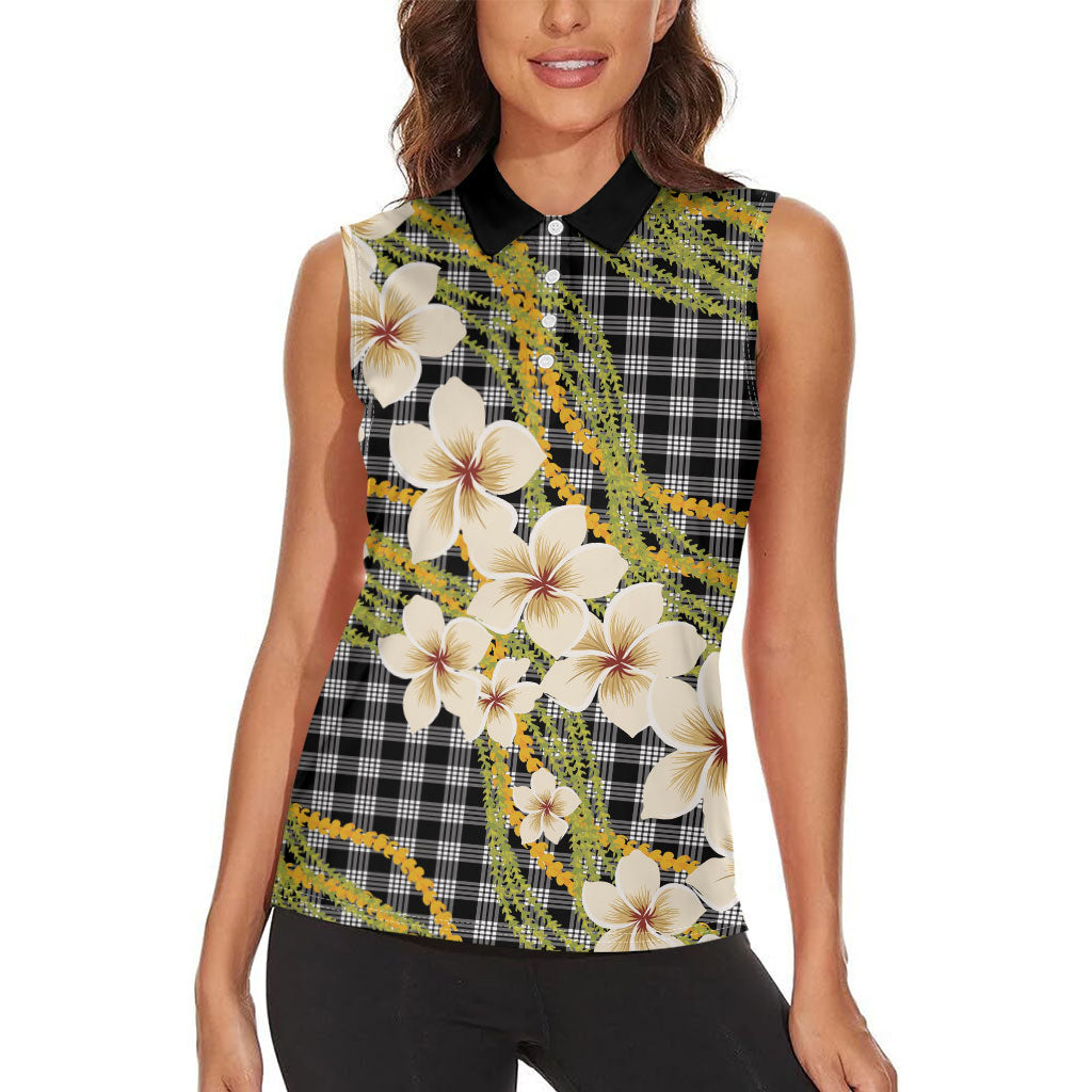 Ele'ele Hawai'i Palaka Plumeria Women Sleeveless Polo Shirt Puakenikeni and Maile Lei
