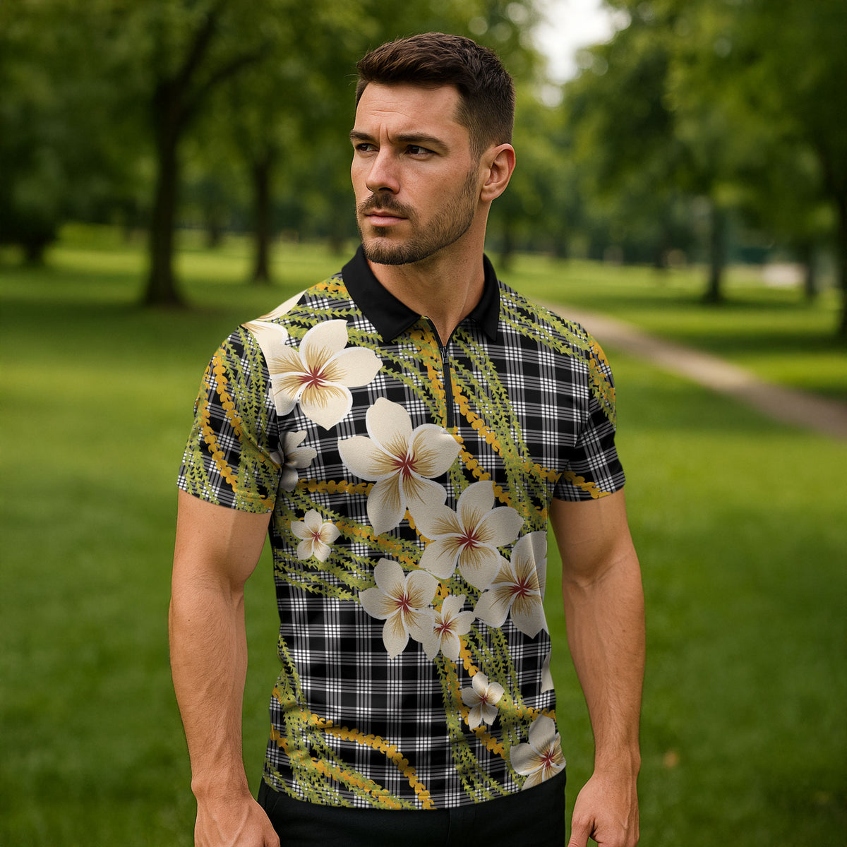 Ele'ele Hawai'i Palaka Plumeria Zipper Polo Shirt Puakenikeni and Maile Lei