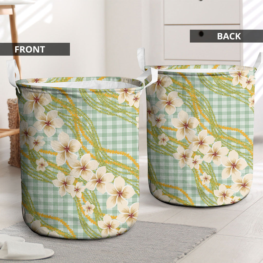 Liko Kukui Hawai'i Palaka Plumeria Laundry Basket Puakenikeni and Maile Lei