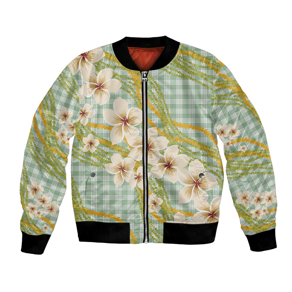 Liko Kukui Hawai'i Palaka Plumeria Bomber Jacket Puakenikeni and Maile Lei LT9 Unisex Sage Green - Polynesian Pride