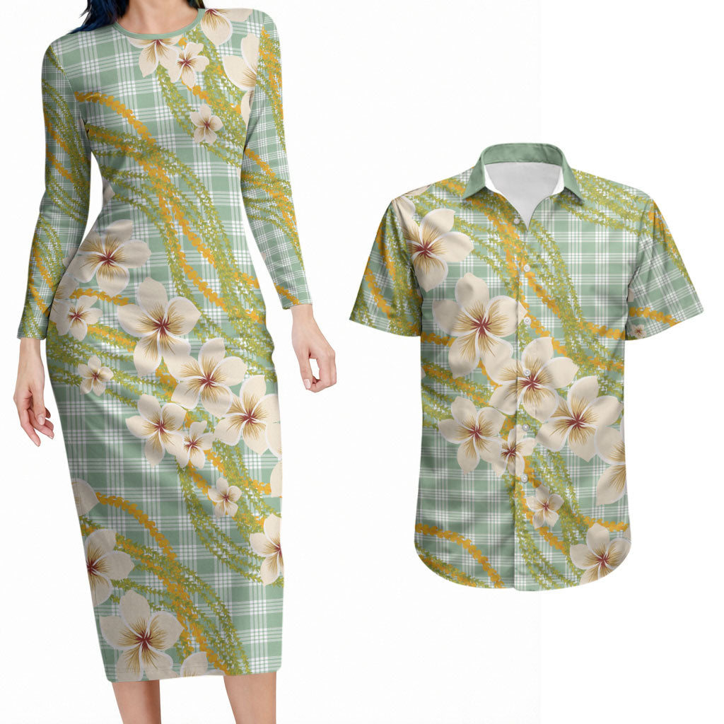 Liko Kukui Hawai'i Palaka Plumeria Couples Matching Long Sleeve Bodycon Dress and Hawaiian Shirt Puakenikeni and Maile Lei LT9 Sage Green - Polynesian Pride