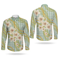 Liko Kukui Hawai'i Palaka Plumeria Couples Matching Long Sleeve Bodycon Dress and Long Sleeve Button Shirt Puakenikeni and Maile Lei