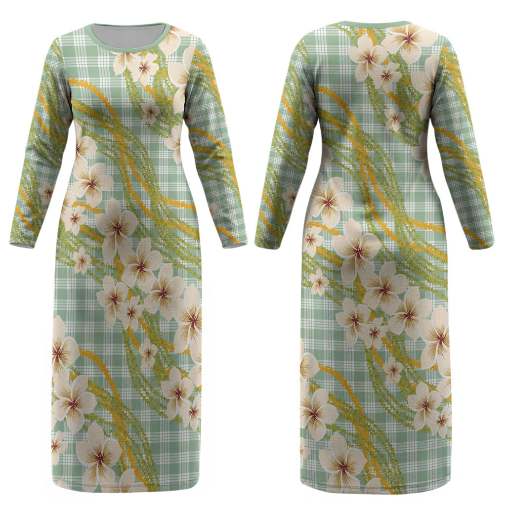 Liko Kukui Hawai'i Palaka Plumeria Couples Matching Long Sleeve Bodycon Dress and Long Sleeve Button Shirt Puakenikeni and Maile Lei