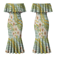 Liko Kukui Hawai'i Palaka Plumeria Couples Matching Mermaid Dress and Hawaiian Shirt Puakenikeni and Maile Lei