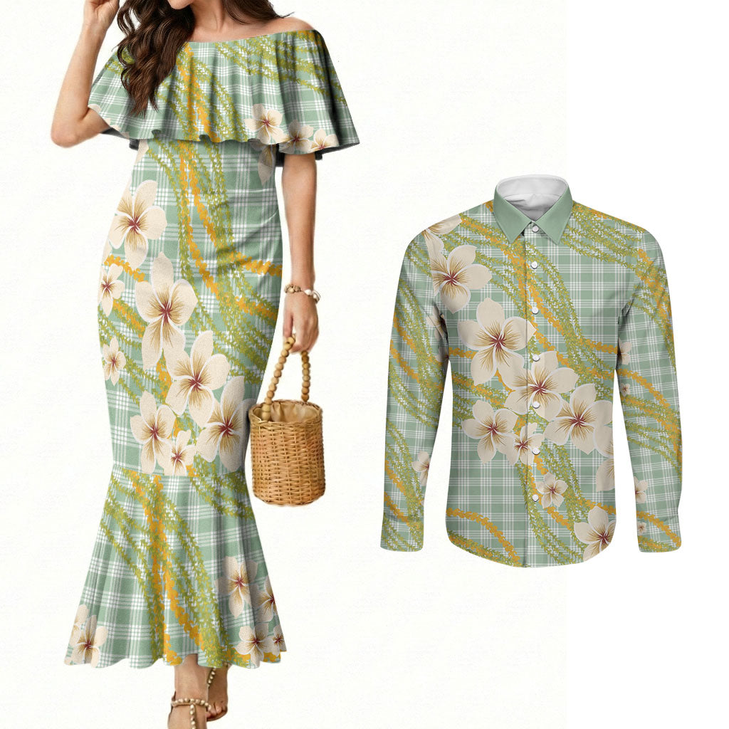 Liko Kukui Hawai'i Palaka Plumeria Couples Matching Mermaid Dress and Long Sleeve Button Shirt Puakenikeni and Maile Lei