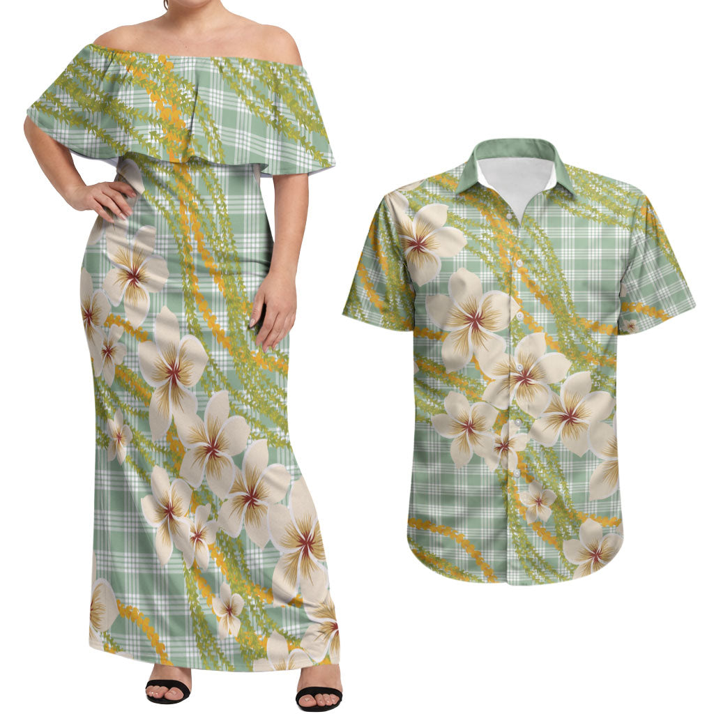 Liko Kukui Hawai'i Palaka Plumeria Couples Matching Off Shoulder Maxi Dress and Hawaiian Shirt Puakenikeni and Maile Lei