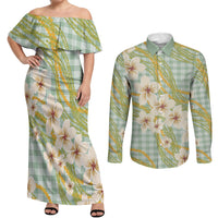 Liko Kukui Hawai'i Palaka Plumeria Couples Matching Off Shoulder Maxi Dress and Long Sleeve Button Shirt Puakenikeni and Maile Lei
