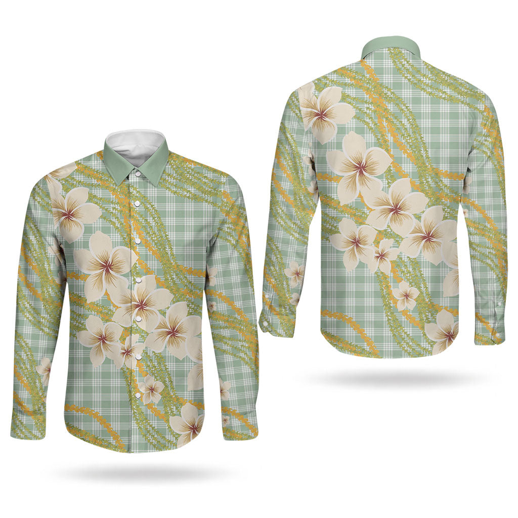 Liko Kukui Hawai'i Palaka Plumeria Couples Matching Off Shoulder Maxi Dress and Long Sleeve Button Shirt Puakenikeni and Maile Lei