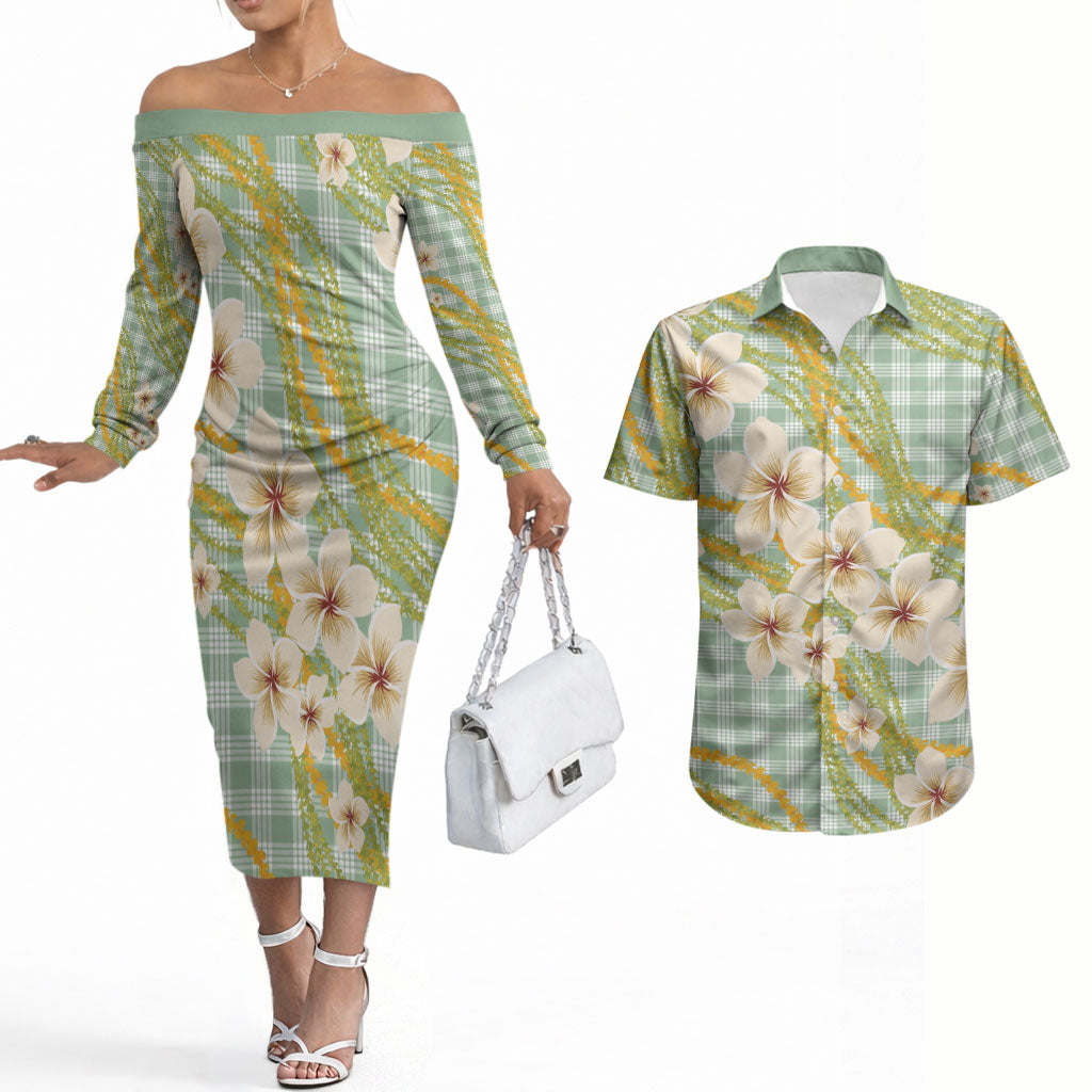 Liko Kukui Hawai'i Palaka Plumeria Couples Matching Off The Shoulder Long Sleeve Dress and Hawaiian Shirt Puakenikeni and Maile Lei LT9 Sage Green - Polynesian Pride
