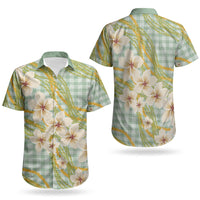 Liko Kukui Hawai'i Palaka Plumeria Couples Matching Off The Shoulder Long Sleeve Dress and Hawaiian Shirt Puakenikeni and Maile Lei