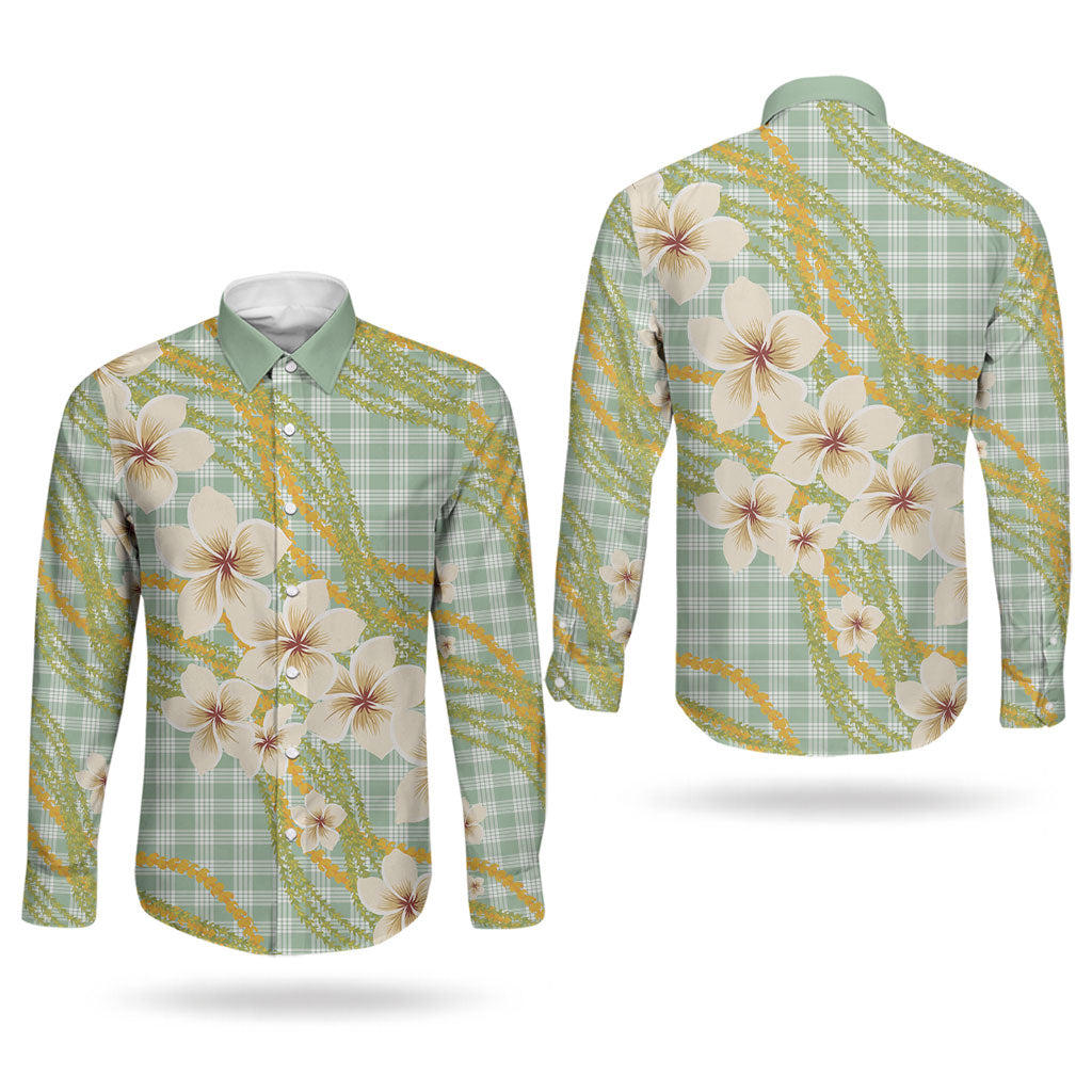 Liko Kukui Hawai'i Palaka Plumeria Couples Matching Short Sleeve Bodycon Dress and Long Sleeve Button Shirt Puakenikeni and Maile Lei