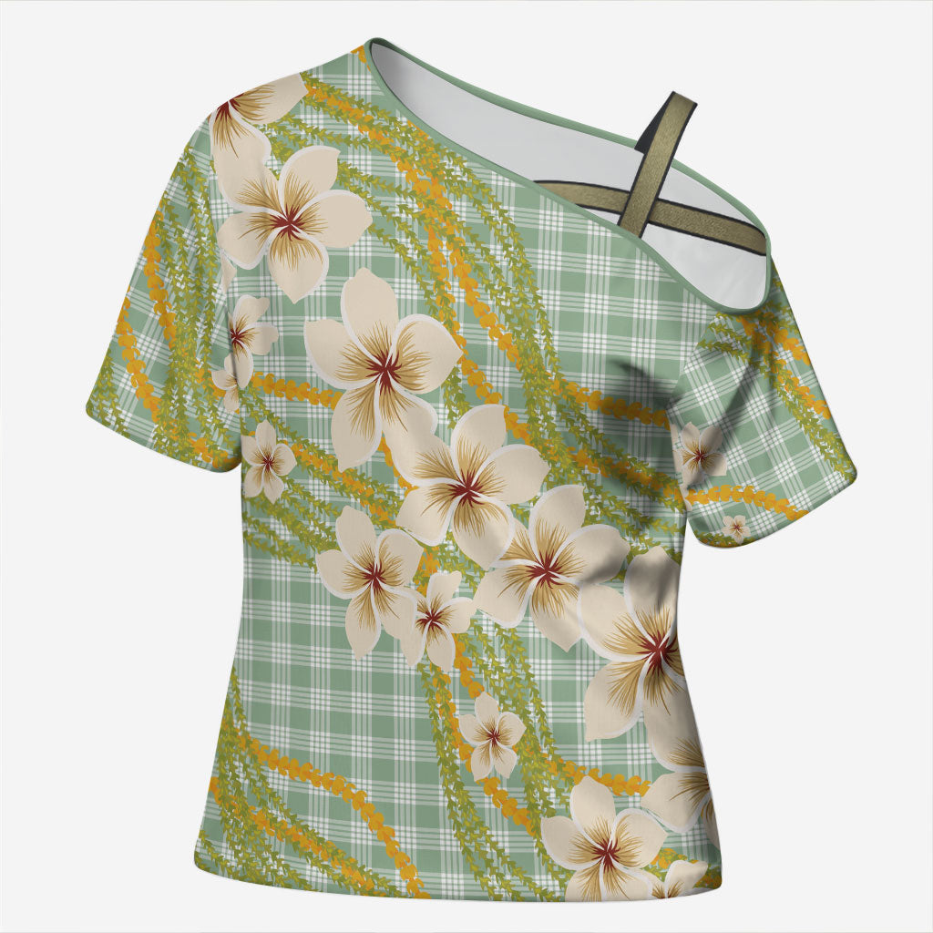 Liko Kukui Hawai'i Palaka Plumeria Cross Shoulder Shirt Puakenikeni and Maile Lei