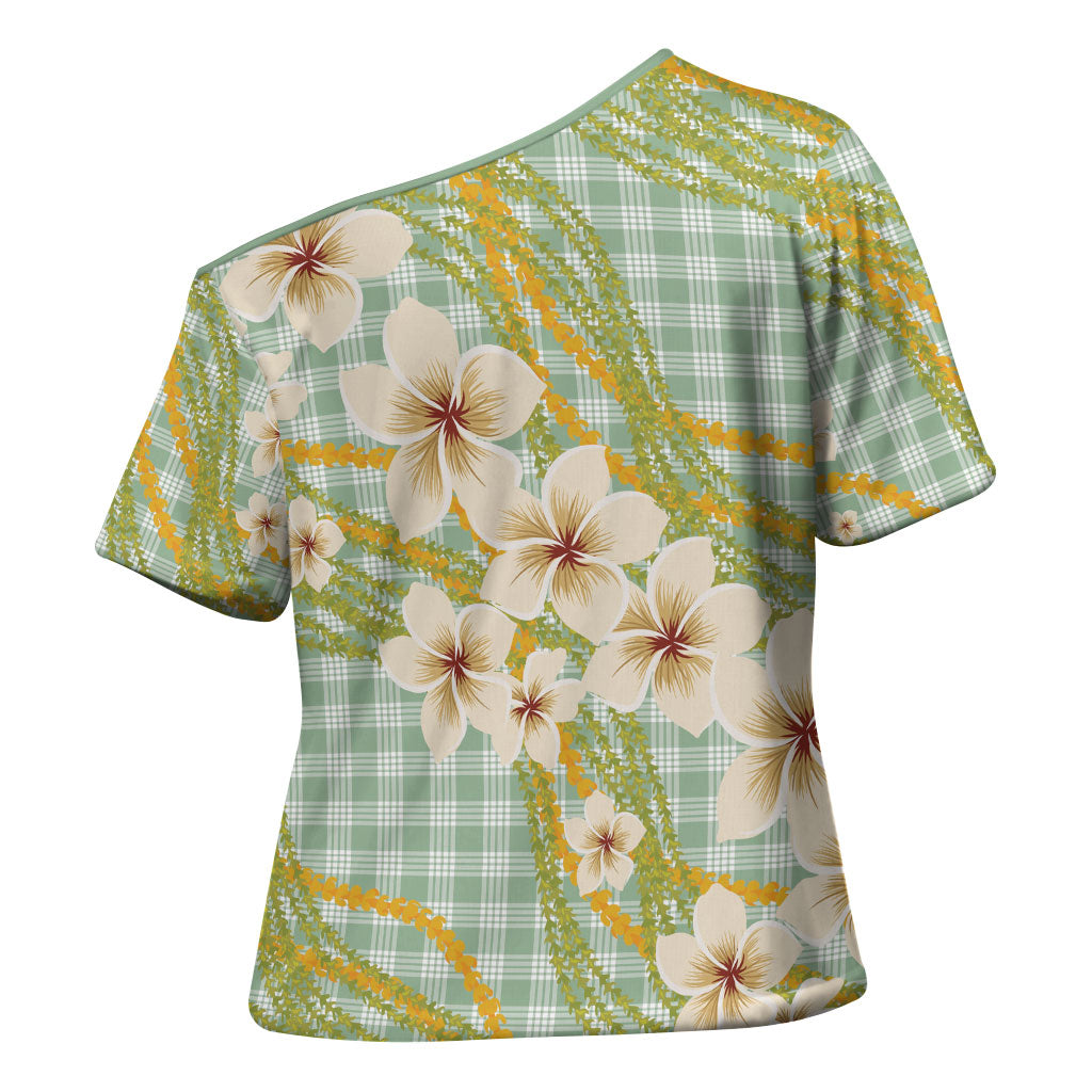 Liko Kukui Hawai'i Palaka Plumeria Cross Shoulder Shirt Puakenikeni and Maile Lei