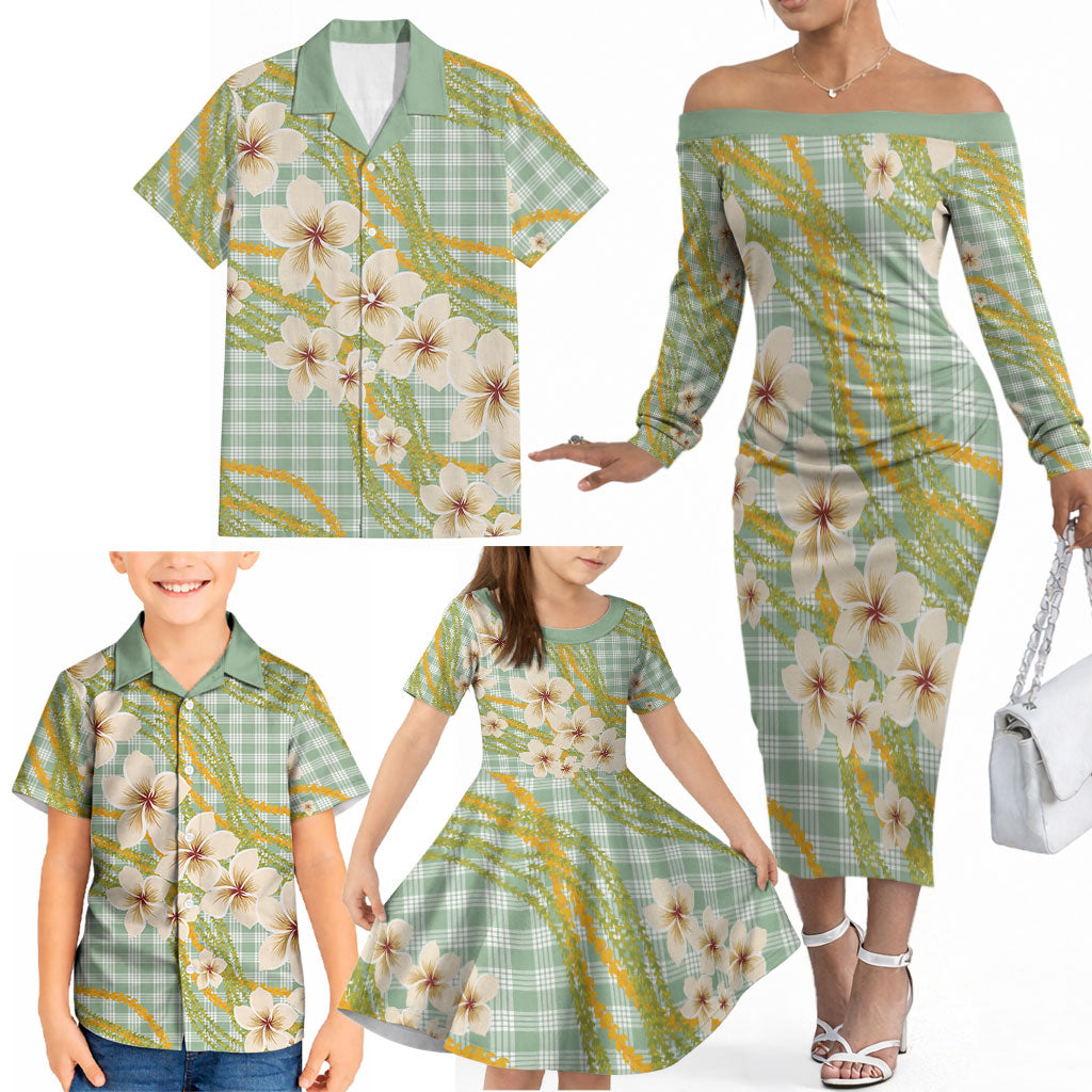Liko Kukui Hawai'i Palaka Plumeria Family Matching Off The Shoulder Long Sleeve Dress and Hawaiian Shirt Puakenikeni and Maile Lei LT9 - Polynesian Pride