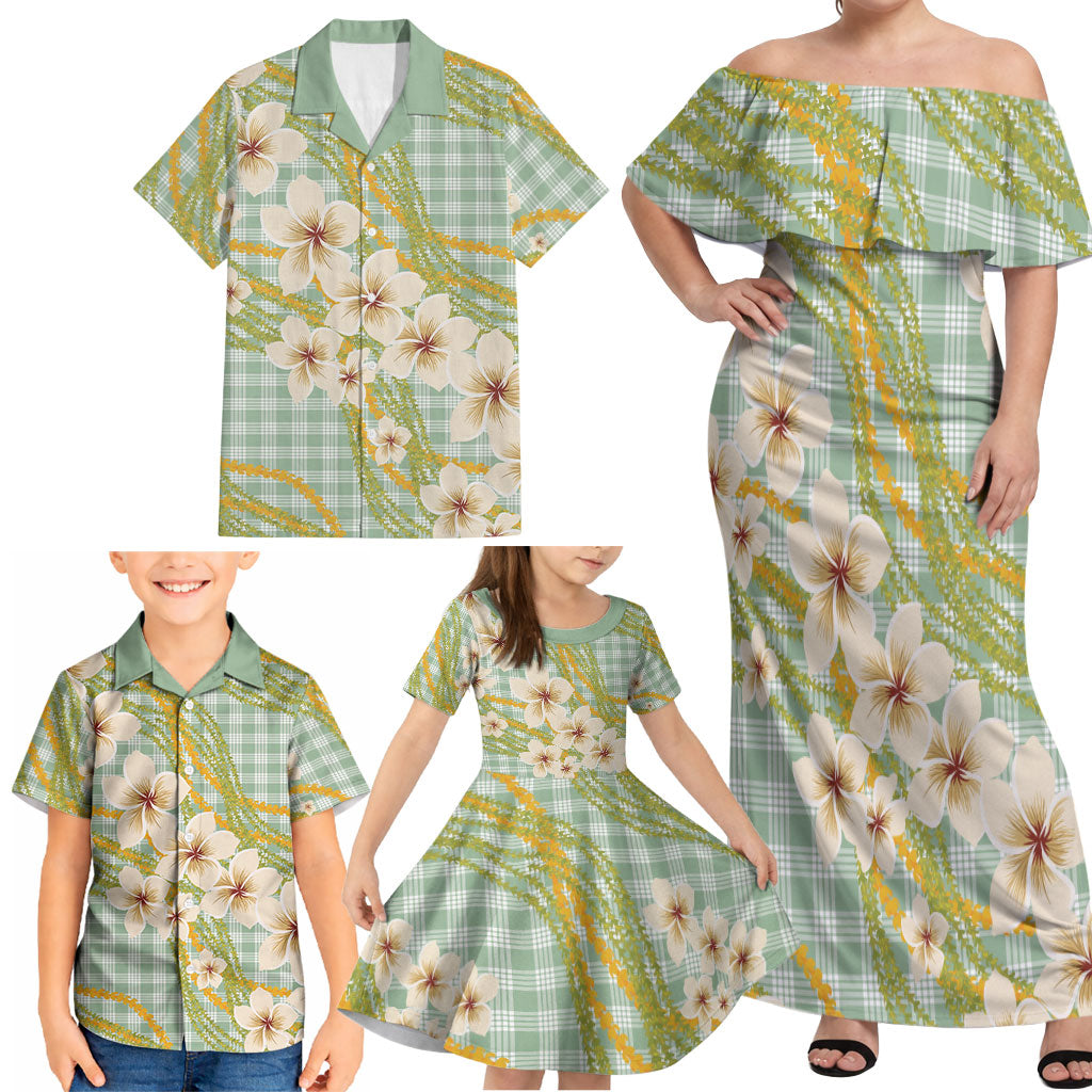 Liko Kukui Hawai'i Palaka Plumeria Family Matching Off Shoulder Maxi Dress and Hawaiian Shirt Puakenikeni and Maile Lei LT9 - Polynesian Pride