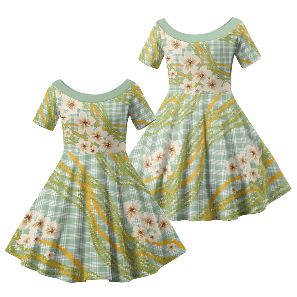 Liko Kukui Hawai'i Palaka Plumeria Family Matching Off Shoulder Maxi Dress and Hawaiian Shirt Puakenikeni and Maile Lei