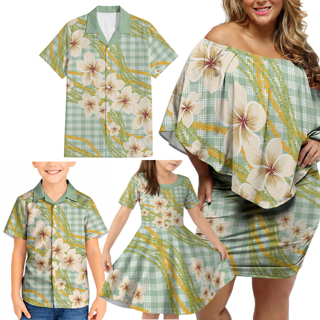 Liko Kukui Hawai'i Palaka Plumeria Family Matching Off Shoulder Short Dress and Hawaiian Shirt Puakenikeni and Maile Lei