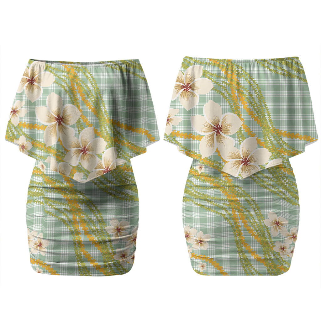 Liko Kukui Hawai'i Palaka Plumeria Family Matching Off Shoulder Short Dress and Hawaiian Shirt Puakenikeni and Maile Lei