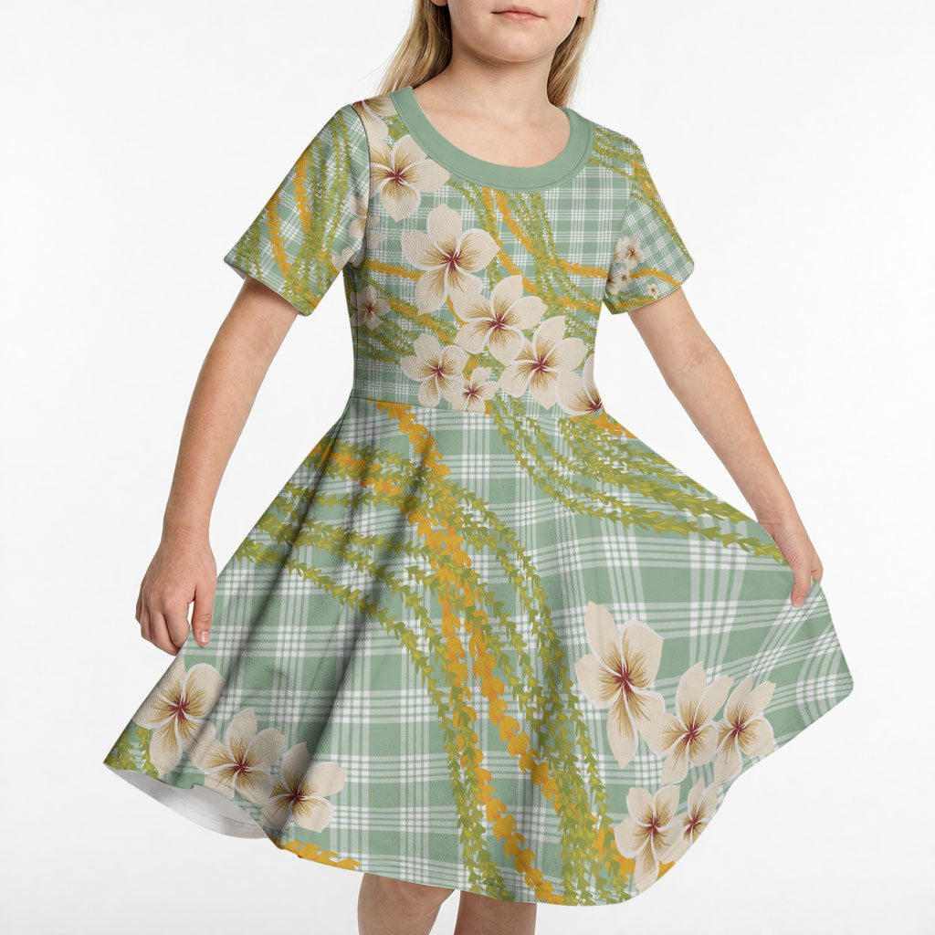 Liko Kukui Hawai'i Palaka Plumeria Kid Short Sleeve Dress Puakenikeni and Maile Lei