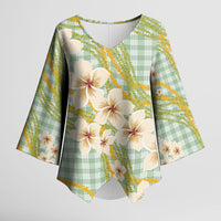 Liko Kukui Hawai'i Palaka Plumeria Kimono Sleeve Blouse Puakenikeni and Maile Lei