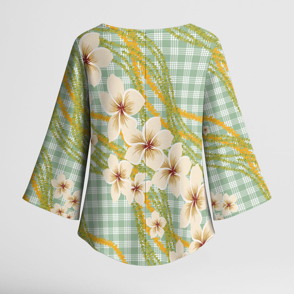 Liko Kukui Hawai'i Palaka Plumeria Kimono Sleeve Blouse Puakenikeni and Maile Lei