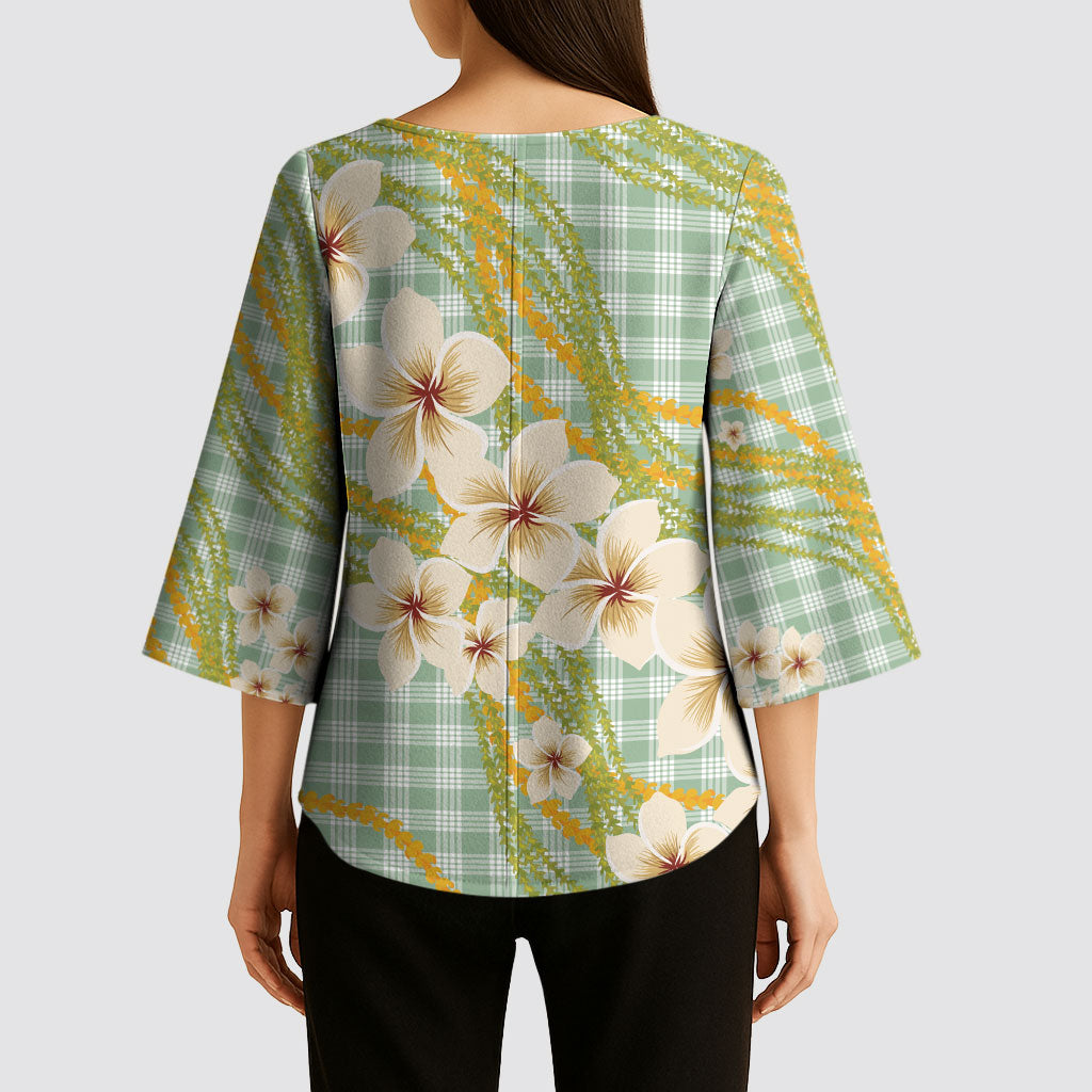 Liko Kukui Hawai'i Palaka Plumeria Kimono Sleeve Blouse Puakenikeni and Maile Lei