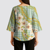 Liko Kukui Hawai'i Palaka Plumeria Kimono Sleeve Blouse Puakenikeni and Maile Lei
